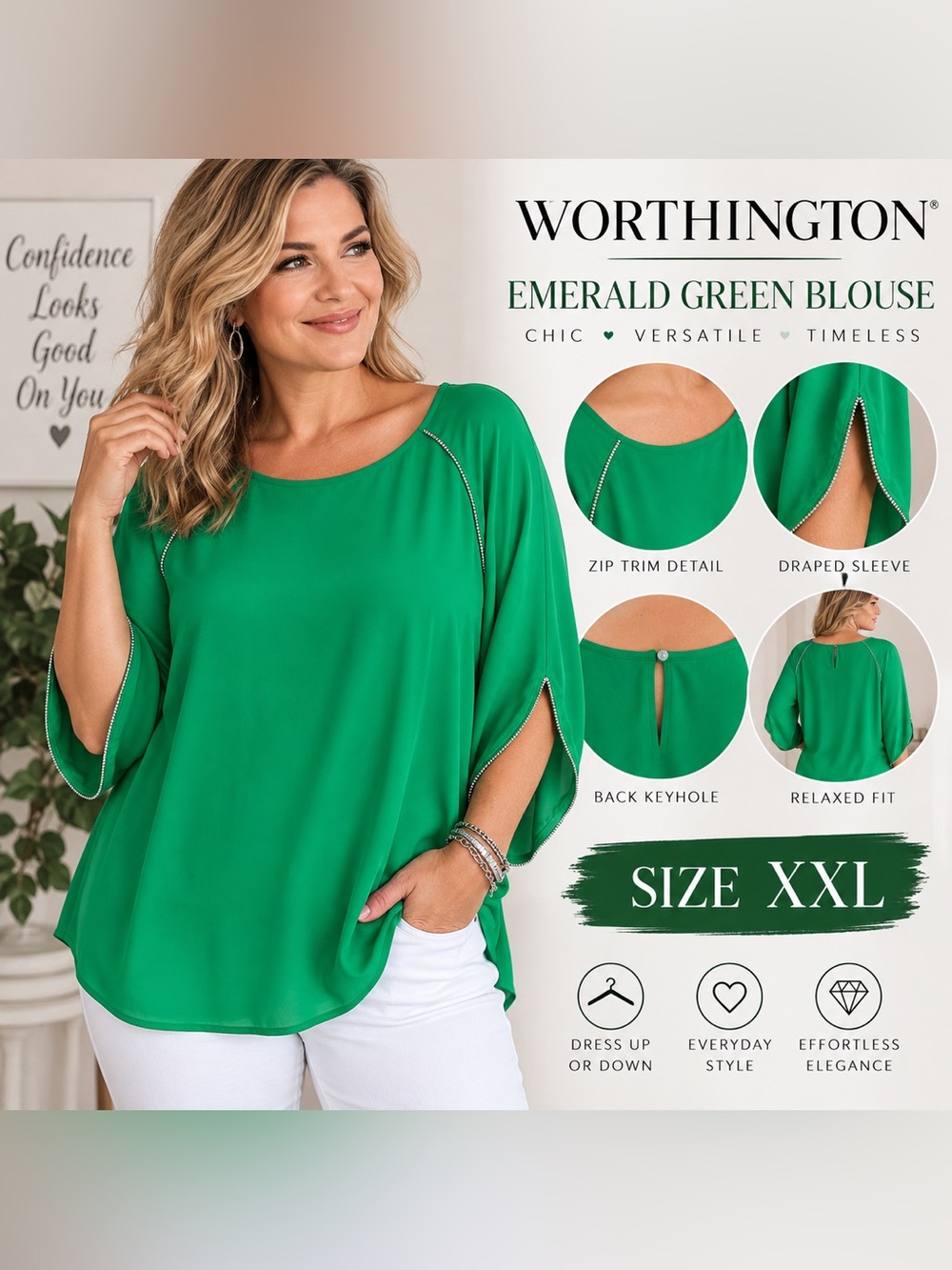 WORTHINGTON EMERALD GREEN DRAPED SLEEVE BLOUSE • SIZE XXL